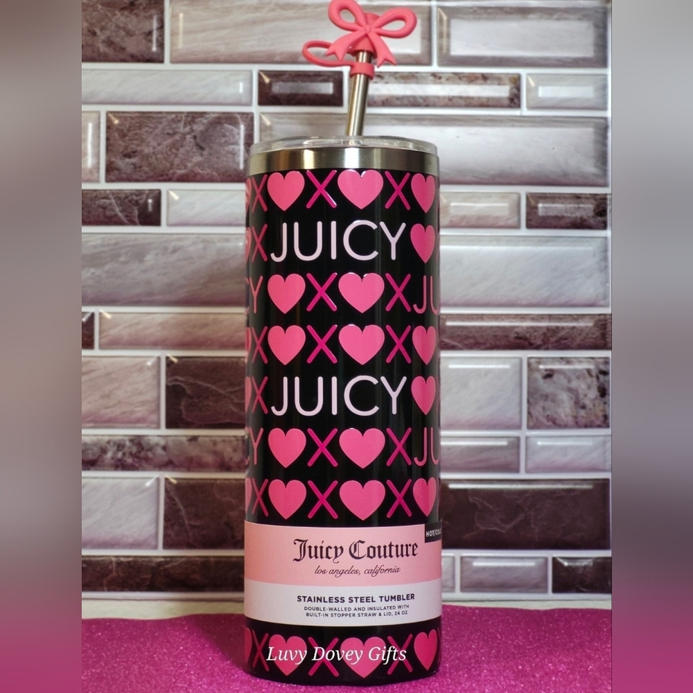 Juicy Couture I Love Juicy 24oz Stainless Tumbler Bow Straw Topper NWT